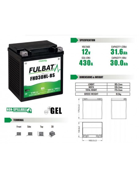 Batería fulbat gel fhd30hl-bs harley davidson - FHD30HL-BS