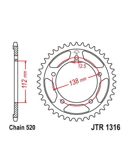 Corona JT 1316 de acero estándar 1316 - Paso 520con 38 dientes - JTR1316.38